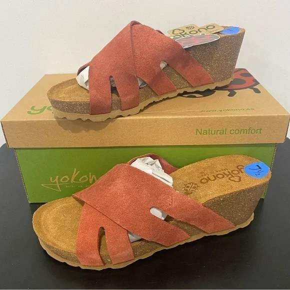 YOKONO Women’s Canela Suede Cross Band Padded Wedge Sandals Brick Size 7.5 - Picture 4 of 6